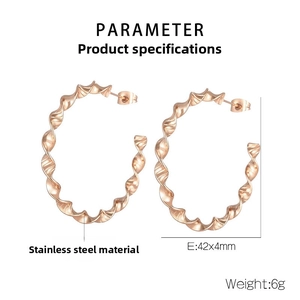 Detailed view of rose gold wavy hoop earrings with 42x4mm dimensions and stainless steel material