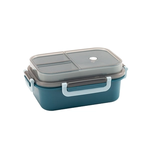 Double-layer dark blue bento box with gray transparent lid and multi-compartments