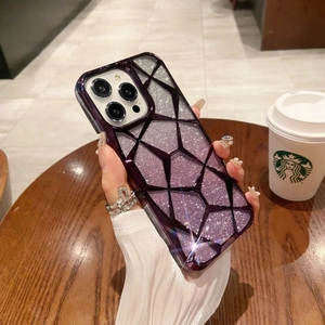 Macro view of purple diamond-patterned glitter case for iPhone 16 Pro in a cafe setting