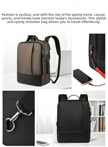 Close-up of dual-style business laptop backpack with USB port and leather details