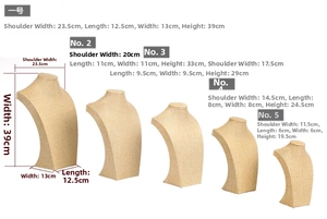 Size guide for mannequin necklace display stands showing dimensions for five different sizes
