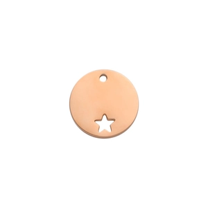 Detailed view of rose gold hollow star circular pendant with polished mirror finish surface