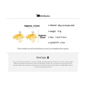 Detailed dimensions of yellow fabric flower earrings with 925 silver needle and beads