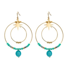 Detail of gold star and turquoise bead drop earrings with double circular rings