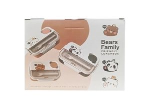Detail view of 4-compartment bento box packaging with bear themed cartoon patterns