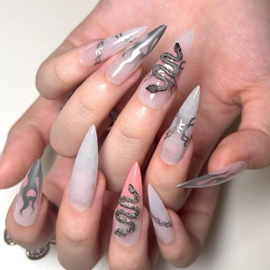Press On Nails With Silver 3D Snake Metal Flame Pink Smudge Long Stiletto Fake Nails Women Punk Y2K Gothic Style