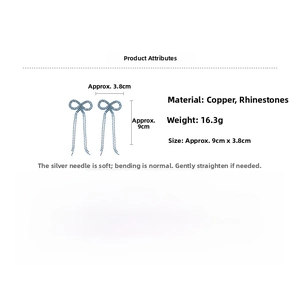 Detailed technical drawing of bow tassel earrings with copper and rhinestone materials