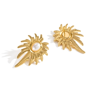 Elegant gold palm leaf stud earrings with oval pearl accent and push-back closure