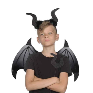 Halloween black glitter devil costume set with bat wings, horn headband, and wand prop