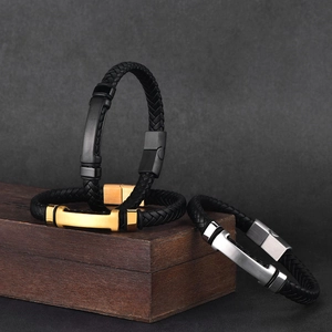 Men's woven leather bracelets with black, gold, and silver stainless steel magnetic clasps