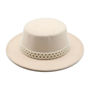 Elegant French vintage wool flat top boater hat with exquisite pearl band for women
