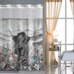 Detail of silver metal grommet top and artistic black and white floral highland cow shower curtain