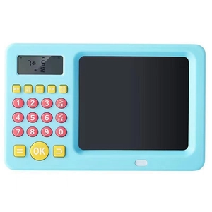 Blue kids math learning tablet with calculator buttons and handwriting LCD screen