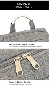 Detail of the durable silver metal handle and smooth two-way zippers on the gray backpack