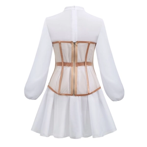 Detail of white mesh dress back with brown waist cincher and invisible zipper closure