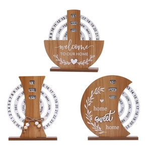 Wooden Perpetual Calendar Manual Rotating Desk Ornament Moon Shape Home Office Desktop Decoration Home Sweet Home