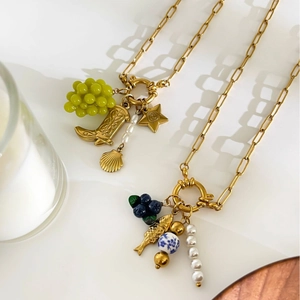 Vintage 18K gold plated titanium necklace with pearl blueberry and grape charms