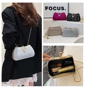Detailed view of chain evening clutch in four colors and interior capacity for essentials