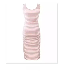 Detail of pink and white striped sleeveless maternity dress with a round neckline