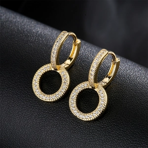 Geometric Double Circle Hoop Dangle Earrings Copper With Micro Pave Zircon 18K Gold Plated Minimalist Elegant For Women