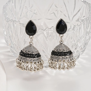 Vintage ethnic silver Jhumka earrings with black pear gems and bell-shaped tassels
