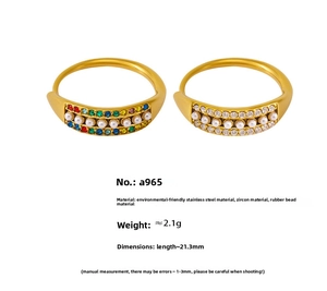 Detailed view of adjustable stainless steel rings with colorful zircons and faux pearls