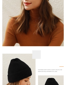 Close-up of black knitted beanie showing thick ribbed texture and snug fit on a model