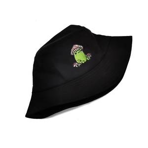 Foldable black bucket hat with cute frog and mushroom embroidery for sun protection