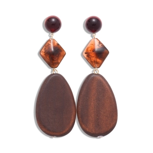 Bohemian geometric wooden drop earrings with resin amber beads and vintage style design