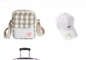 Detail of cartoon flower embroidery patches on a plaid canvas bag and white baseball cap