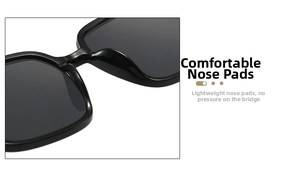 Detail of comfortable integrated nose pads on black square sunglasses for daily wear