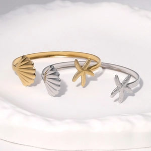 Starfish Shell Cuff Bracelet Stainless Steel Adjustable Open Bangle Ocean Beach Style Minimalist Women Jewelry