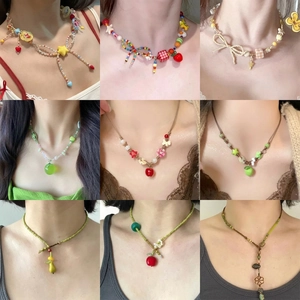Handmade Colorful Beaded Necklace Women Summer Dopamine Style Acrylic Glass Fruit Flower Star Heart Charms