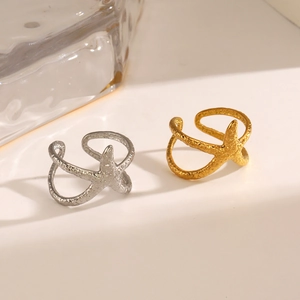 Hammered starfish open ring in gold and silver finish with textured surface for women