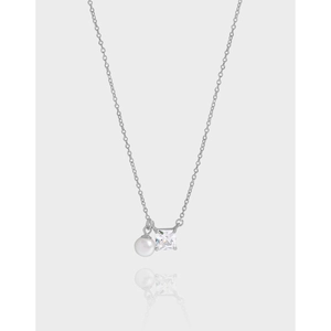 925 Sterling Silver Square Cubic Zirconia Artificial Pearl Pendant Necklace Clavicle Chain Women Simple Elegant Ins Style Accessory