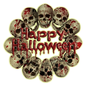Luminous Halloween skull stickers with bloody splatter pattern and Happy Halloween text