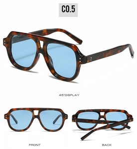 Three-view display of vintage aviator sunglasses with tortoise frames and blue lenses