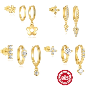 Boucles d'Oreilles en Argent Sterling S925 Fleur Zirconia pour Femmes Plaqué Or Géométrique Clou Anneau Bijoux Cadeau
