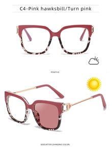 Detail of pink tortoiseshell square sunglasses showing photochromic lens transition