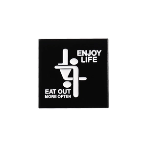 Square black enamel pin featuring 'ENJOY LIFE' text and minimalist creative line art