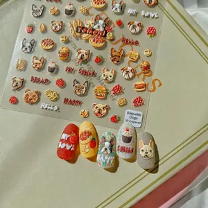 5D embossed nail art stickers featuring cute French bulldogs and bread icons on green background