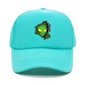 Detail of teal mesh trucker hat showing alien graphic and breathable mesh paneling