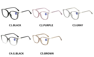 Detail view of stylish blue light blocking reading glasses in five various color frames
