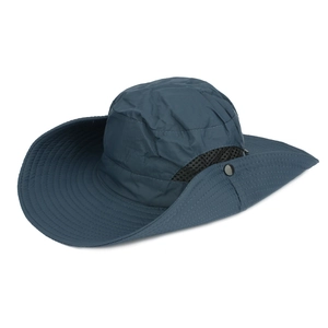 Detail view of breathable mesh and foldable side snaps on quick-dry outdoor bucket hat
