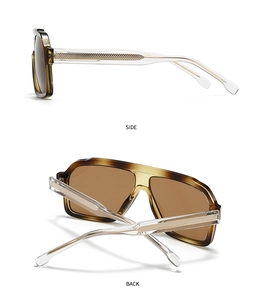 Side and back view of retro square brown sunglasses with golden mesh temple detail