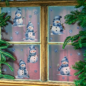 Vintage Christmas snowman and snowflakes window stickers for festive glass decoration