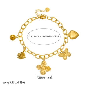 Bracelet chaîne en acier inoxydable doré avec breloques papillon, cœur et fleur