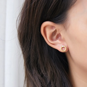 Minimalist 18K gold plated geometric round stud earrings with crystal accent on model