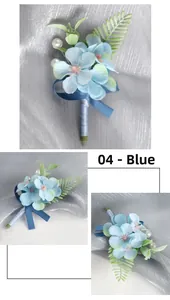 Detail view of blue silk hydrangea boutonniere with green fern leaves and faux pearls