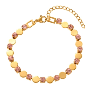 Detailed view of gold plated bracelet featuring pink round stones and lobster clasp